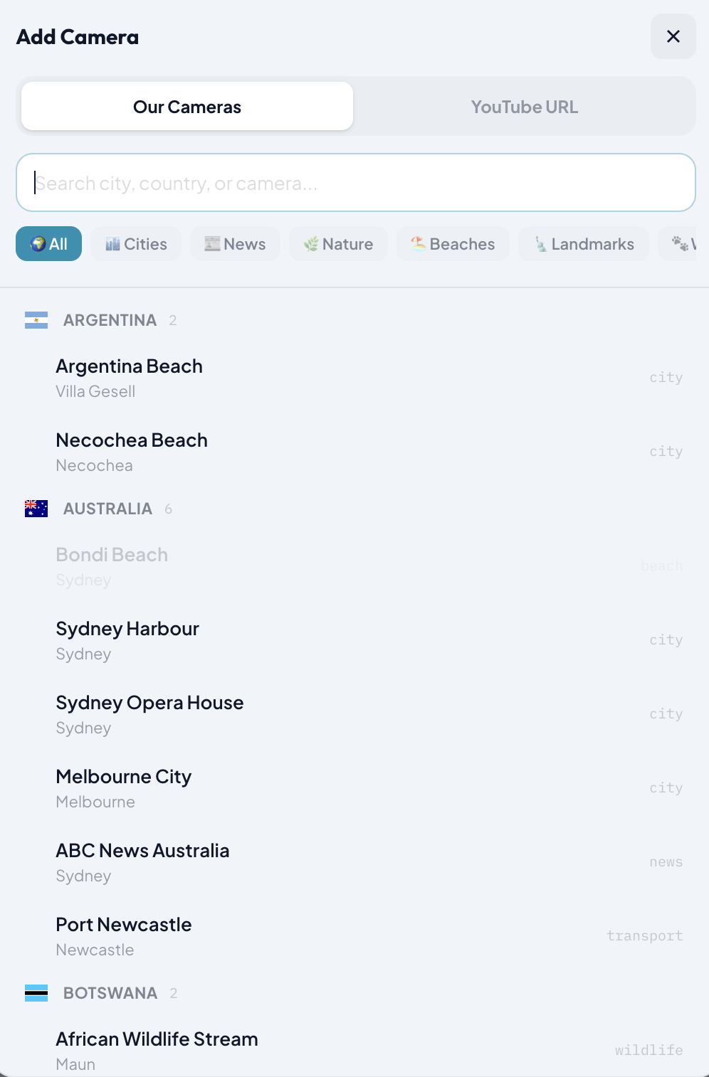 Camera picker with category filters